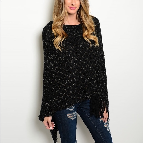 Black Soft Knit Fringe Poncho Shrug Sweater - Picture 1 of 3